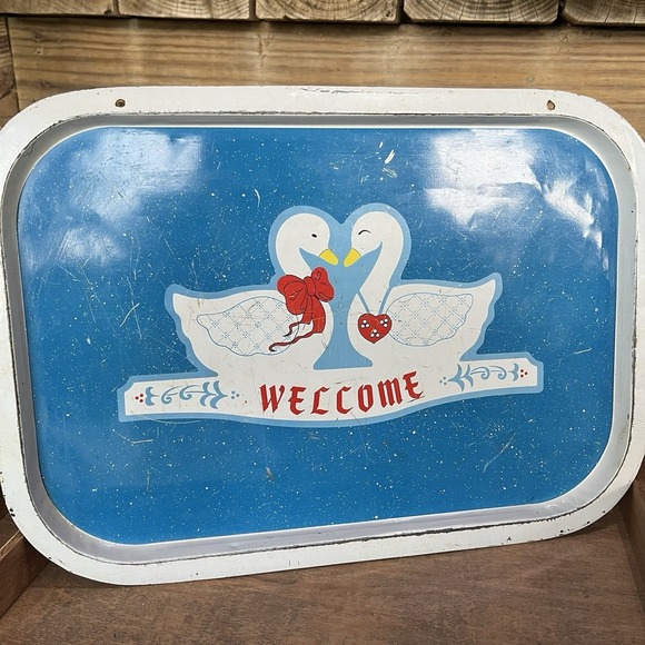 Vintage Blue Granite Duck Goose Welcome Tin Trays Cottagecore Set Of 2 - Picture 6 of 7